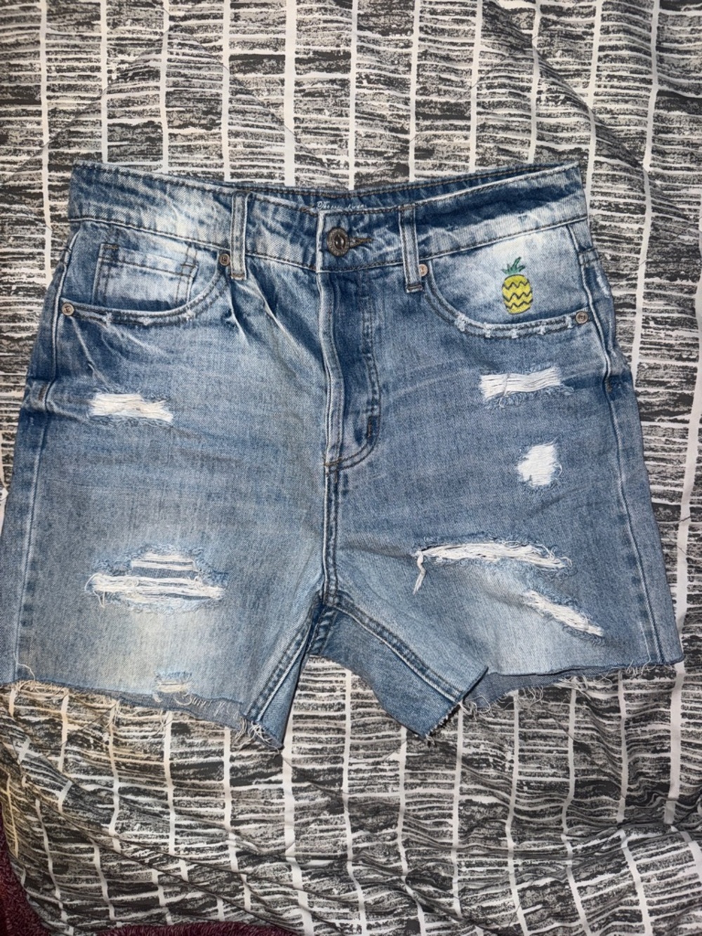 GOGO Faded Blue Ripped Jean Shorts w/ custom hand painted summertime patchwork